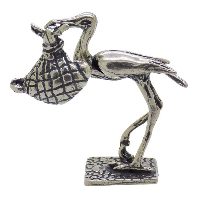 Vintage Italian Handmade Genuine Silver Stork With Newborn Baby Figurine Sculpture Miniature For Sale