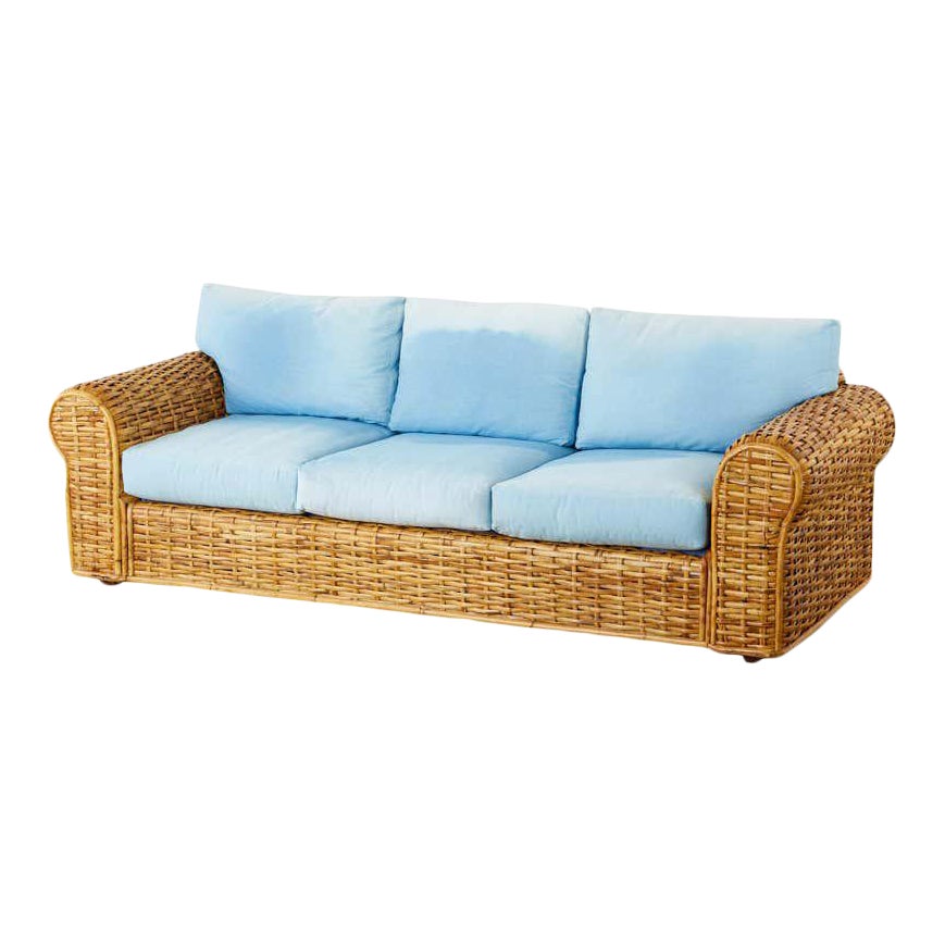 Ralph Lauren Woven Rattan Sofa With Blue Ombre Upholstery Chairish