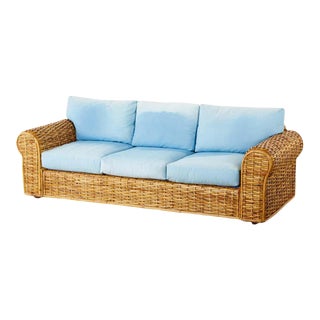 Ralph Lauren Woven Rattan Sofa With Blue Ombre Upholstery