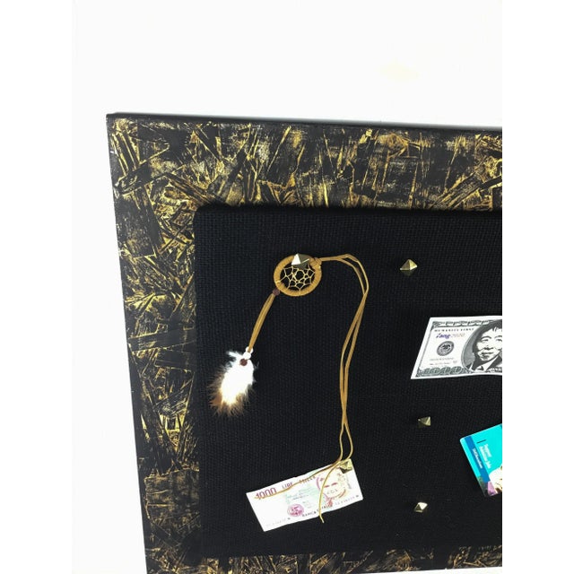 Wood Artisan Ink Stained Wood and Burlap Bulletin Board With Pushpins For Sale - Image 7 of 11