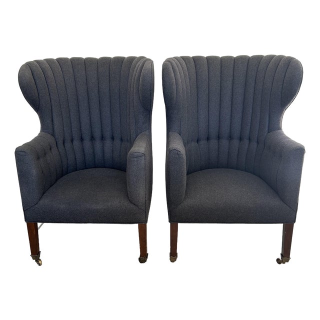 A Pair of Custom Bench-Made Georgian Style Wingback Chairs by Cisneros Upholstery (Chicago) – Wool Flannel For Sale