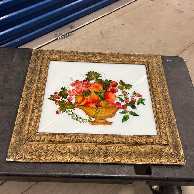 American Antique Reverse Painted Foil Still Life Fruit Basket Painting in Antique Gilded Frame For Sale - Image 3 of 7