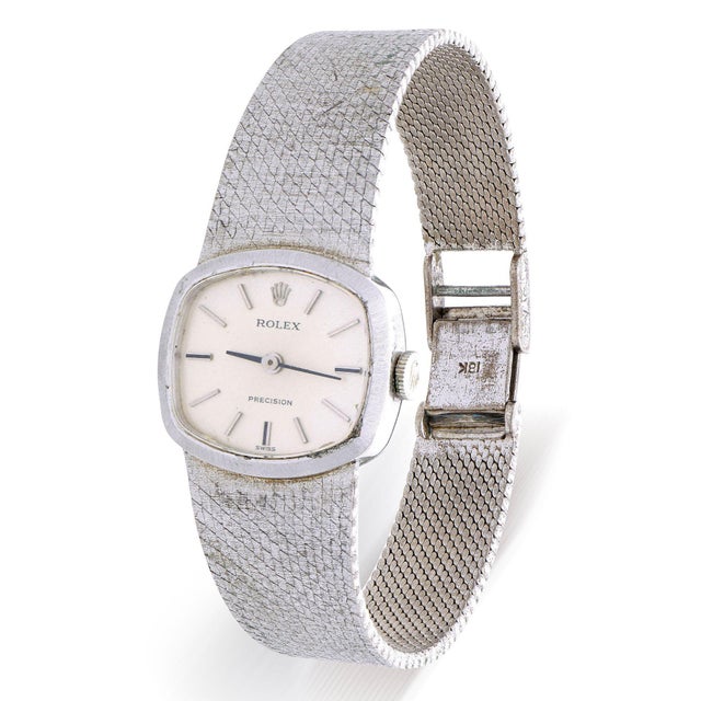 Metal 1970s Rolex Precision 2644 Vintage 1971 Silver Dial 18k White Gold Mesh Bracelet Watch For Sale - Image 7 of 12