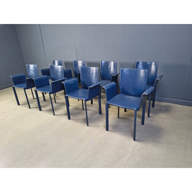 Vintage Blue Leather Dining Chairs, Italy, 1980s, Set of 8 For Sale - Image 7 of 12
