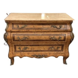 1970s French Style Walnut Bombe Chest With Marble Top, Ormolu Pulls and Escutcheons For Sale