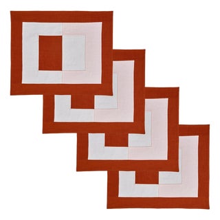 Misette Bauhaus Embroidered Linen Placemats in Red, Set of 4 For Sale
