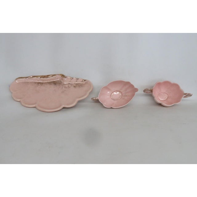 Mid 20th Century Pink Ceramic 3pc Set Tray Sugar Creamer With Gold Sea Horse Handle Design For Sale - Image 10 of 13