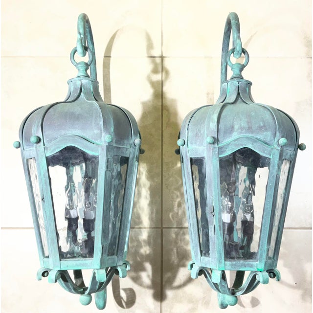 Pair of Vintage Large Solid Brass Outdoor Wall Lanterns For Sale - Image 11 of 17