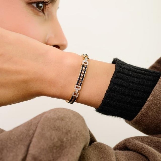 Late 20th 6.14ct Blue Sapphire & Diamond Contemporary Link Bracelet in 14k Gold For Sale - Image 4 of 14