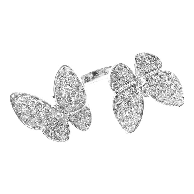 Van Cleef & Arpels 18k White Gold Diamond Two Butterfly Between Finger Ring, size 6 For Sale