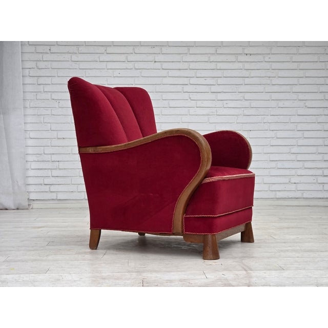 Danish Armchair in Red Velour and Oak, 1950s For Sale - Image 17 of 17