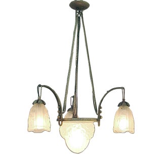 1920s French Wrought Iron Art Deco Chandelier - 3 Shades and Bowl, Floral Motif Glass For Sale