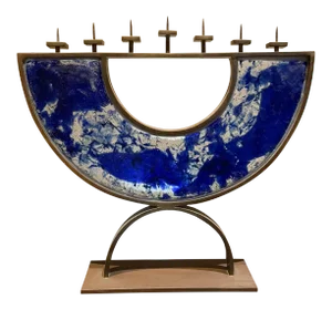 Postmodern 2000s Menorah Seven Arm Blue Fused Art Glass Bronze Signed