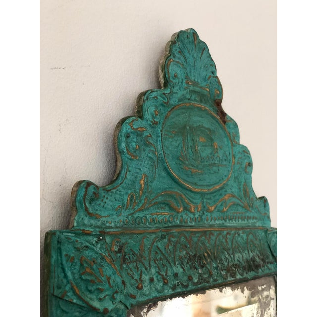 Rococo Antique Embossed Pressed-Metal (Tole) Mirror With a Green Patina Finish and Gilt Highlights Rococo For Sale - Image 3 of 10