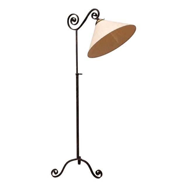1950s Swedish Modern Forged Iron, Fabric, Brass Floor Lamp For Sale