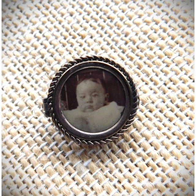 Metal Antique Petite 10k Round Baby Sepia Portrait Pin For Sale - Image 7 of 10