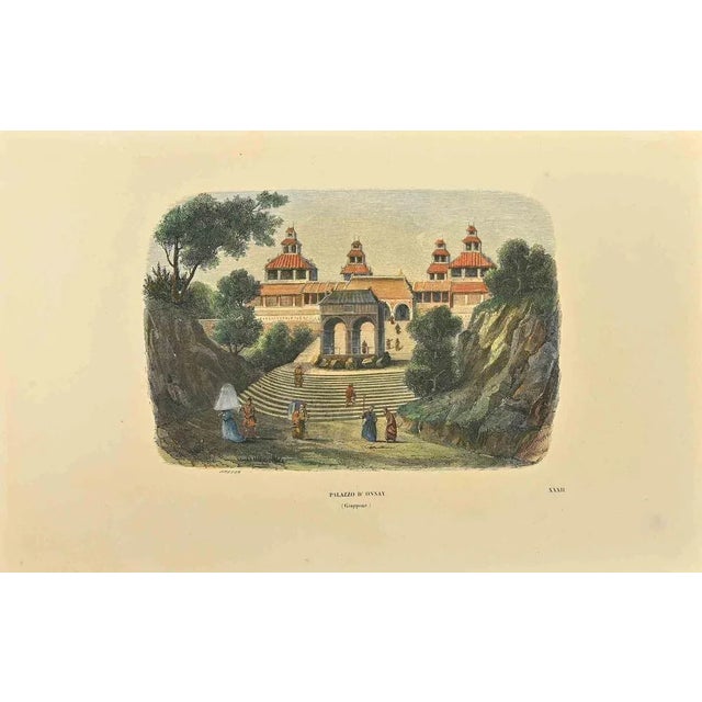 View of the Palace of Onnay in Japan is a woodcut on creamy-colored paper realized by Ernest Breton in 1843. Signed on the...