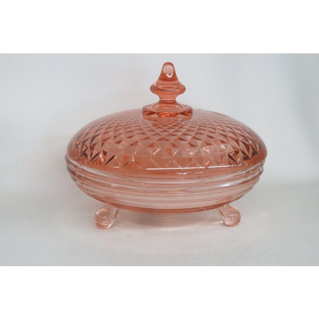 Pink Depression Glass 3 Footed Candy Dish With Diamond Quilt Pattern Lid 4757b For Sale - Image 12 of 14