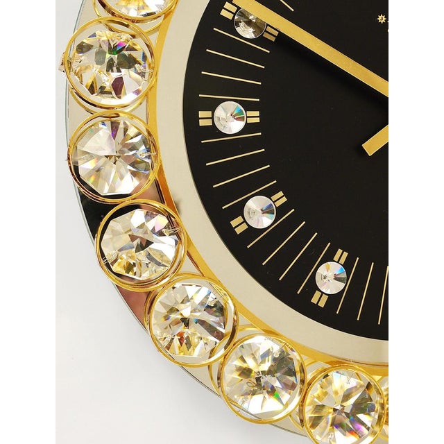 Black German Hollywood Regency Golden Wall Clock in Gilt with Crystals by Junghans, 1970s For Sale - Image 8 of 15
