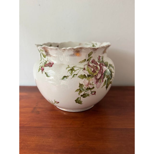 Antique Victorian Rose Transferware Jardinière Cachepot Planter Bowl - Pink Roses, Gold Gilt, Cottage Garden Decor For Sale In Boise - Image 6 of 12