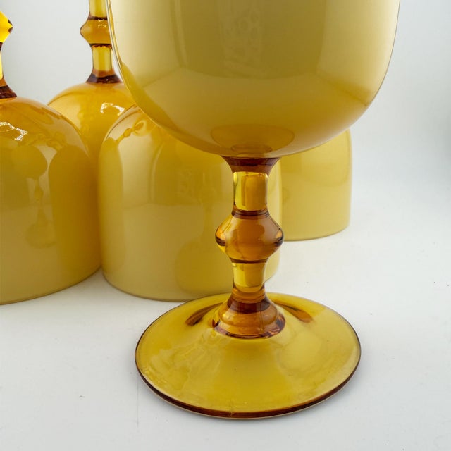 Glass 1970s Italian Amber and Cased Opaline Glass Wine Goblets Carlo Moretti - Set of Five For Sale - Image 7 of 9