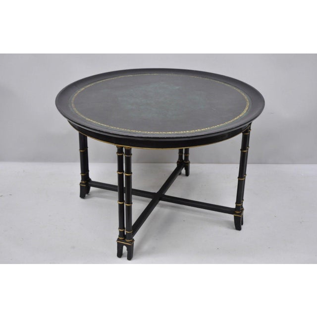 20th Century Regency Green Leather Top Black & Gold Bamboo Round Coffee