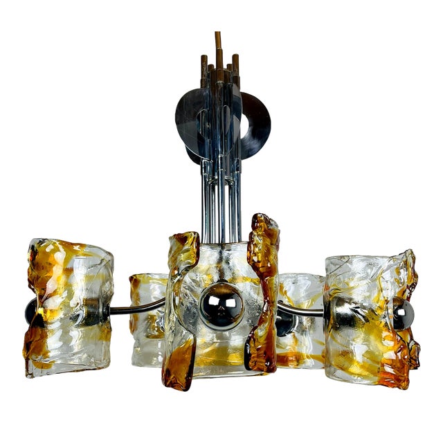 Mid-Century Amber Murano & Chrome Chandelier by Toni Zuccheri for Mazzega, Italy, 1970s For Sale