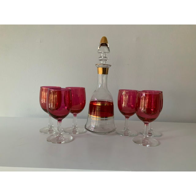Metal Vintage Cranberry Glasses With Matching Cranberry & Gold Decanter Set- 7 Pieces For Sale - Image 7 of 7