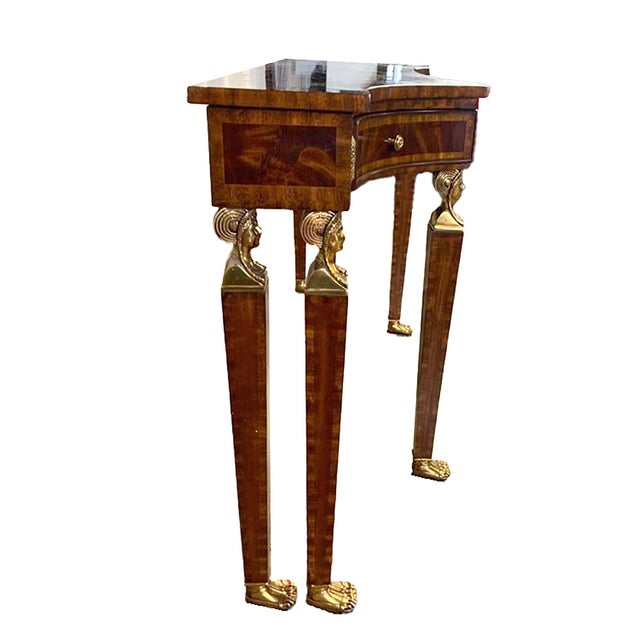 French Maitland-Smith Egyptian Revival Style Flame Mahogany & Ormolu Console Table For Sale - Image 3 of 10