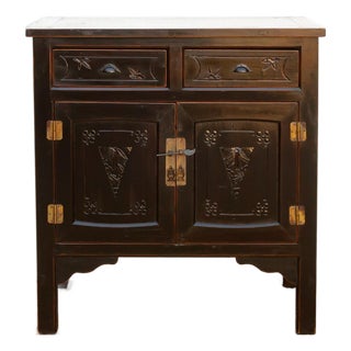 Mid-Century Carved Blossom Black Asian Cabinet For Sale