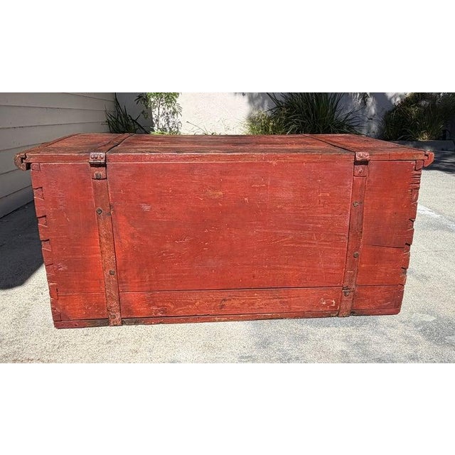Folk Art Early 19th Century Original Painted Wood Trunk W/Hand Forged Iron Hardware For Sale - Image 3 of 14