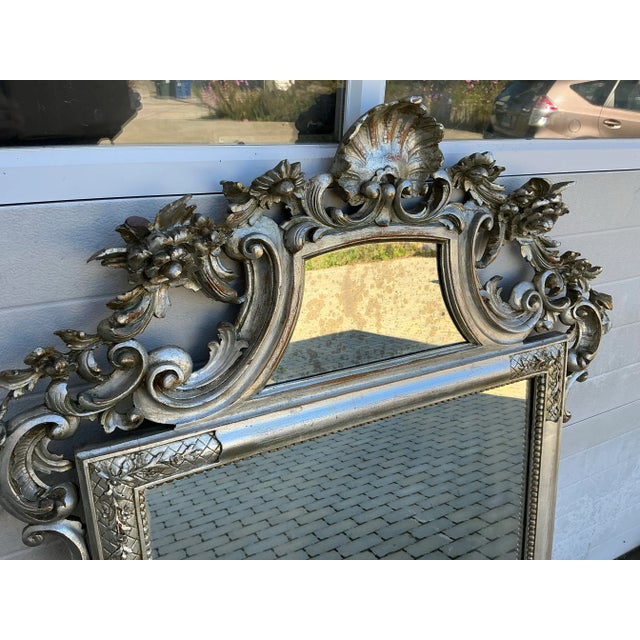 Vintage Italian Carved Wood Silver Leafed Mirror For Sale - Image 4 of 8