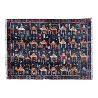 Navy Blue Hand Knotted Camel Caravan Pictorial Tribal Rug, 04'11 X 06'11 For Sale