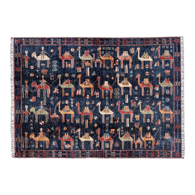 Navy Blue Hand Knotted Camel Caravan Pictorial Tribal Rug, 04'11 X 06'11 For Sale