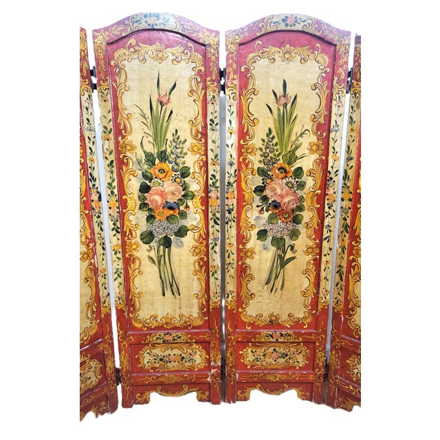Antique Italian Floral Scarlet & Black Venetian Painted 4 Panel Folding Screen For Sale - Image 4 of 15