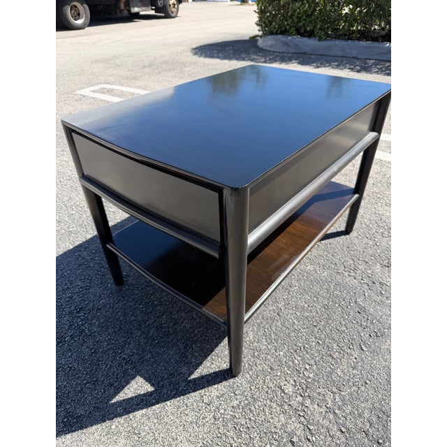 Mid-Century Modern t.h. Robsjohn Gibbings for Widdicomb Lacquered Ebonized Original End Tables With Original Labels a Pair For Sale - Image 3 of 12