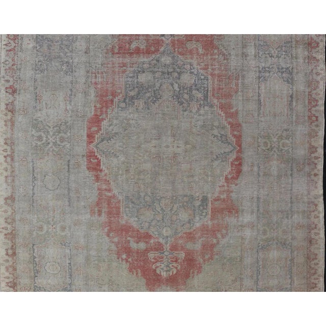Measures: 9'7 x 13'7 Antique Hand Knotted Turkish Oushak with Large Medallion in Off White and Coral. Keivan Woven Arts /...