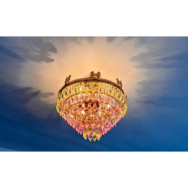 1970s Vintage Brass Butterfly Motif Flush Mount Chandelier With Pink & Green Crystals – 6 Light For Sale - Image 14 of 14