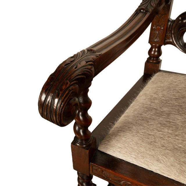 Antique French Louis XIII Carved Walnut Barley Twist Armchair Cane Cowhide 1880 For Sale - Image 13 of 13