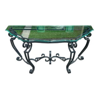 1970s French Ironwork Console Table With Glass Top For Sale