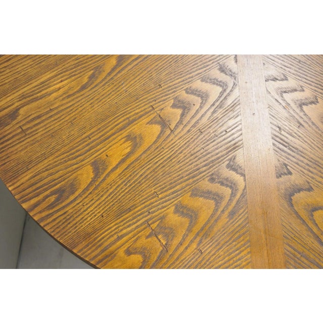 Brown Vintage Mid Century Modern Oak Sunburst Round Extension Pedestal Dining Table For Sale - Image 8 of 18