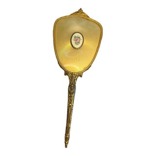 Vintage French Rococo Style Guilloche Enamel Vanity Hand Mirror With Hand-Painted Limoges Style Porcelain Rose Medallion For Sale