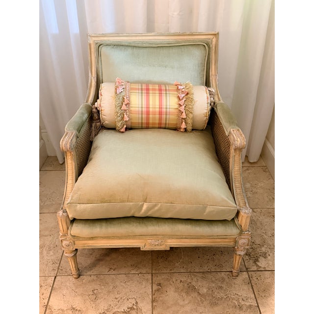 Mid 20th Century Rare Pair Louis XVI French Style Carved Bergere Chairs With Cane Sides For Sale - Image 4 of 16