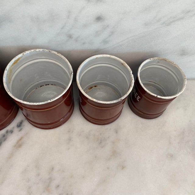 Set of Five French Reddish Brown Enamel Kitchen Canisters With Original Lids For Sale - Image 18 of 18