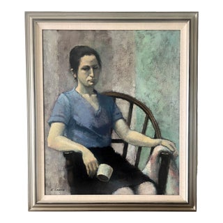 Large Vintage Impressionist Woman Portrait Oil Painting For Sale