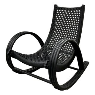 Baker Modern Nero Finish Rattan and Woven Rawhide Rollick Rollick Rocking Chair For Sale