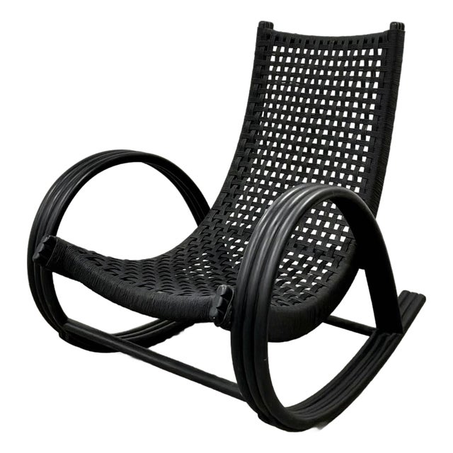 Baker Modern Nero Finish Rattan and Woven Rawhide Rollick Rollick Rocking Chair For Sale