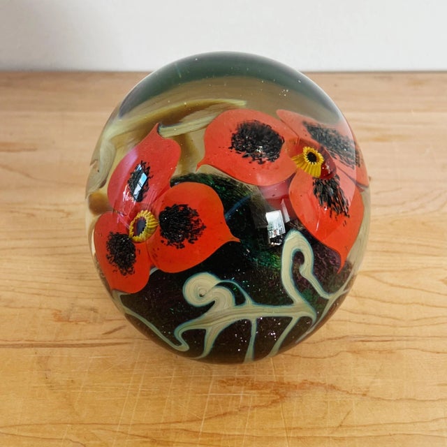 Glass Vintage Mouth Blown Glass Paper Weight With Red Flowers by Robert Eickholt For Sale - Image 7 of 9