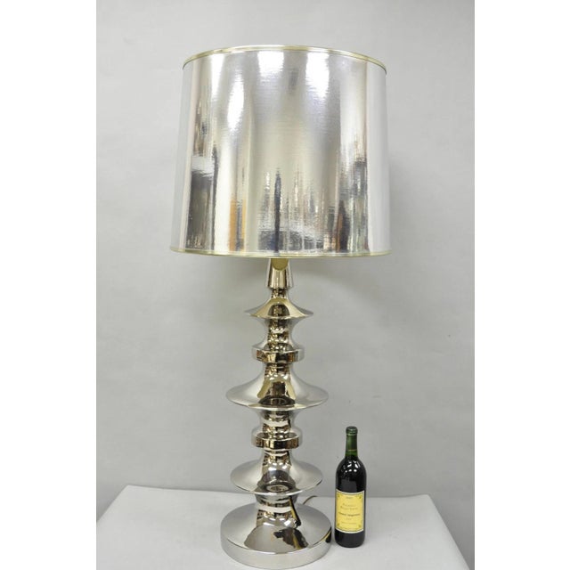 Vintage Italian Mid Century Modern Tall Stacked Sculptural Silver Ceramic Table Lamp with Original Metallic Silver Drum...