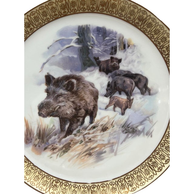 Neoclassical 1918 Schumann Bavaria Hand-Painted Porcelain Cabinet Plate, Wild Boar Scene. For Sale - Image 3 of 4